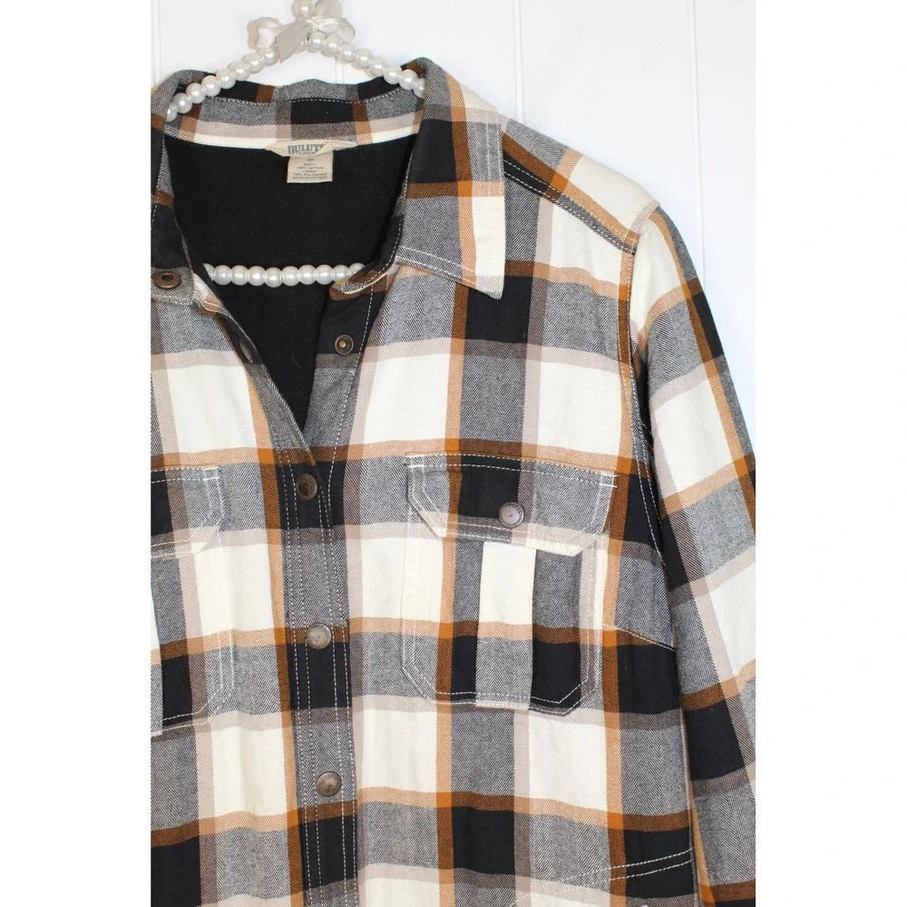 Duluth Trading Women's Brown Black Plaid Flannel Shacket Fleece Lined‎ Size Med